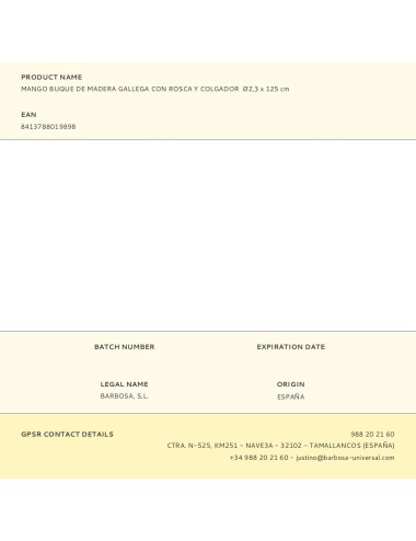 Mango buque de madera gallega con rosca y colgador ø2,3 x 125 cm