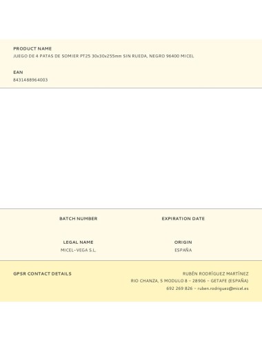 Juego de 4 patas de somier pt25 30x30x255mm sin rueda, negro 96400 micel