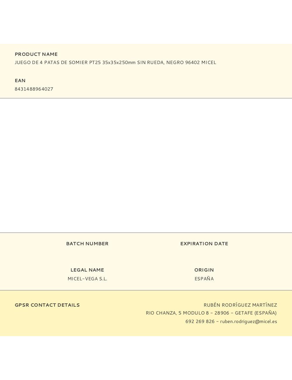 Juego de 4 patas de somier pt25 35x35x250mm sin rueda, negro 96402 micel