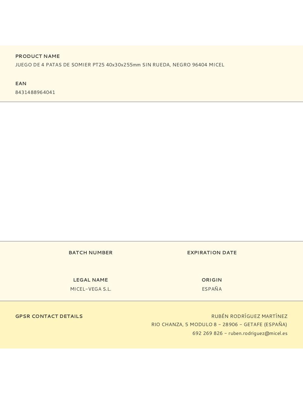 Juego de 4 patas de somier pt25 40x30x255mm sin rueda, negro 96404 micel