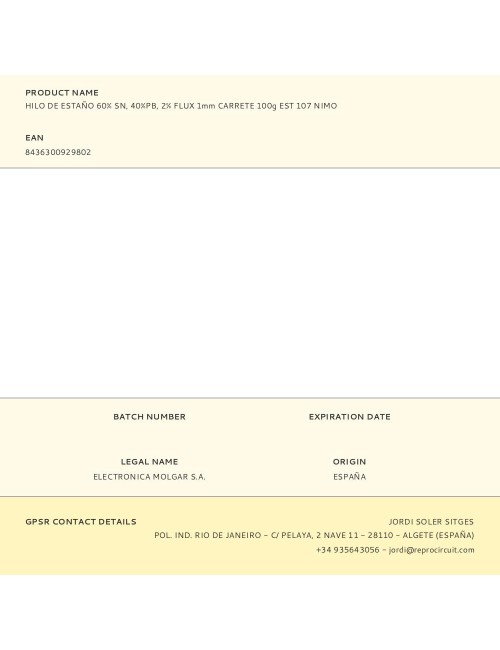 Hilo de estaño 60% sn, 40%pb, 2% flux 1mm carrete 100g est 107 nimo