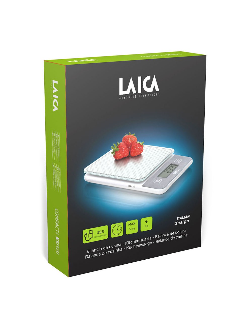 Báscula electronica de cocina, máximo 5kg. blanca con batería recargable