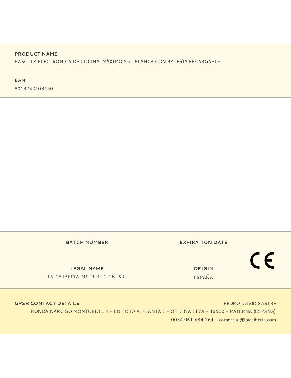 Báscula electronica de cocina, máximo 5kg. blanca con batería recargable