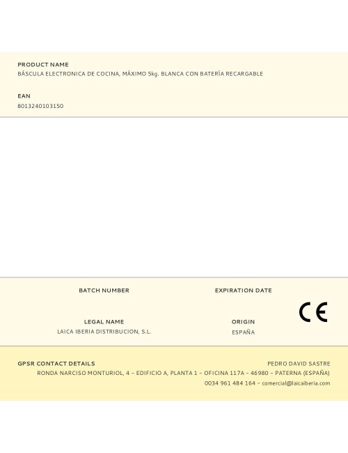 Báscula electronica de cocina, máximo 5kg. blanca con batería recargable