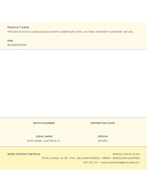 Pintura plástica vinílica veova interior/exterior eco lavable cobertura total blanco mate 15 l