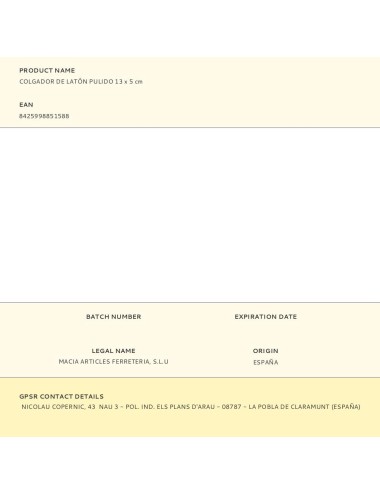 Colgador de latón pulido 13 x 5 cm