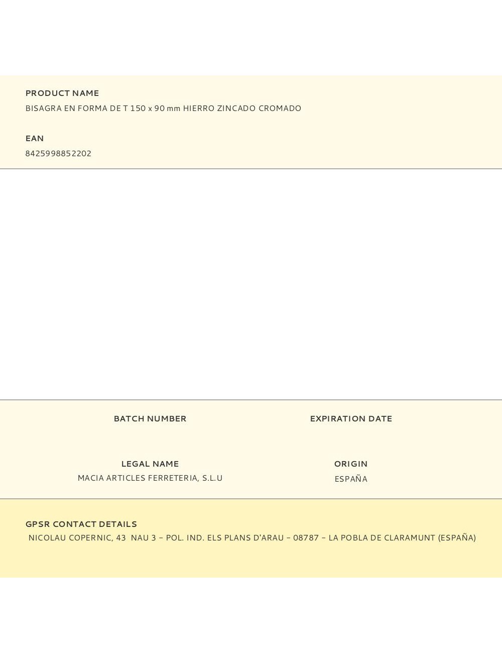 Bisagra en forma de t 150 x 90 mm hierro zincado cromado