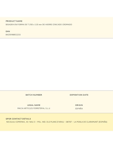 Bisagra en forma de t 250 x 110 mm de hierro zincado cromado