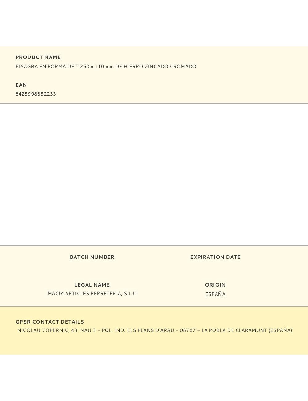 Bisagra en forma de t 250 x 110 mm de hierro zincado cromado