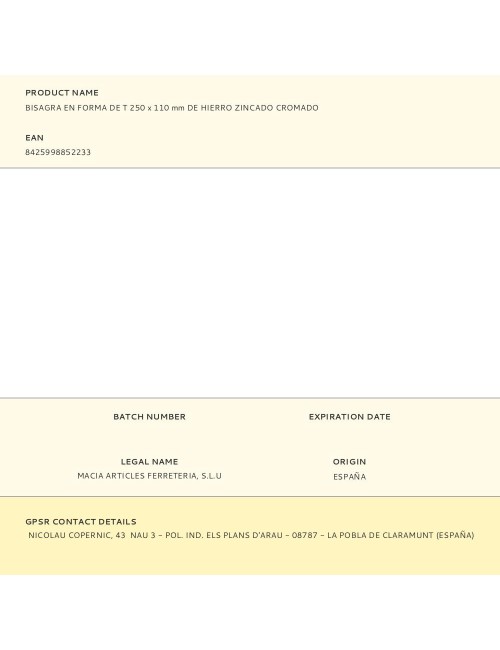 Bisagra en forma de t 250 x 110 mm de hierro zincado cromado