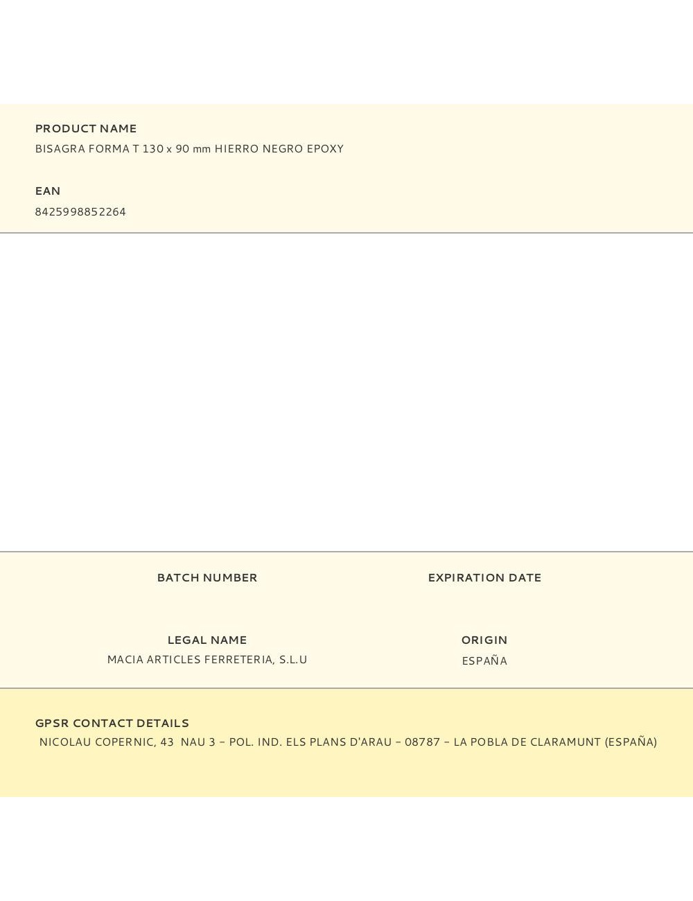 Bisagra forma t 130 x 90 mm hierro negro epoxy