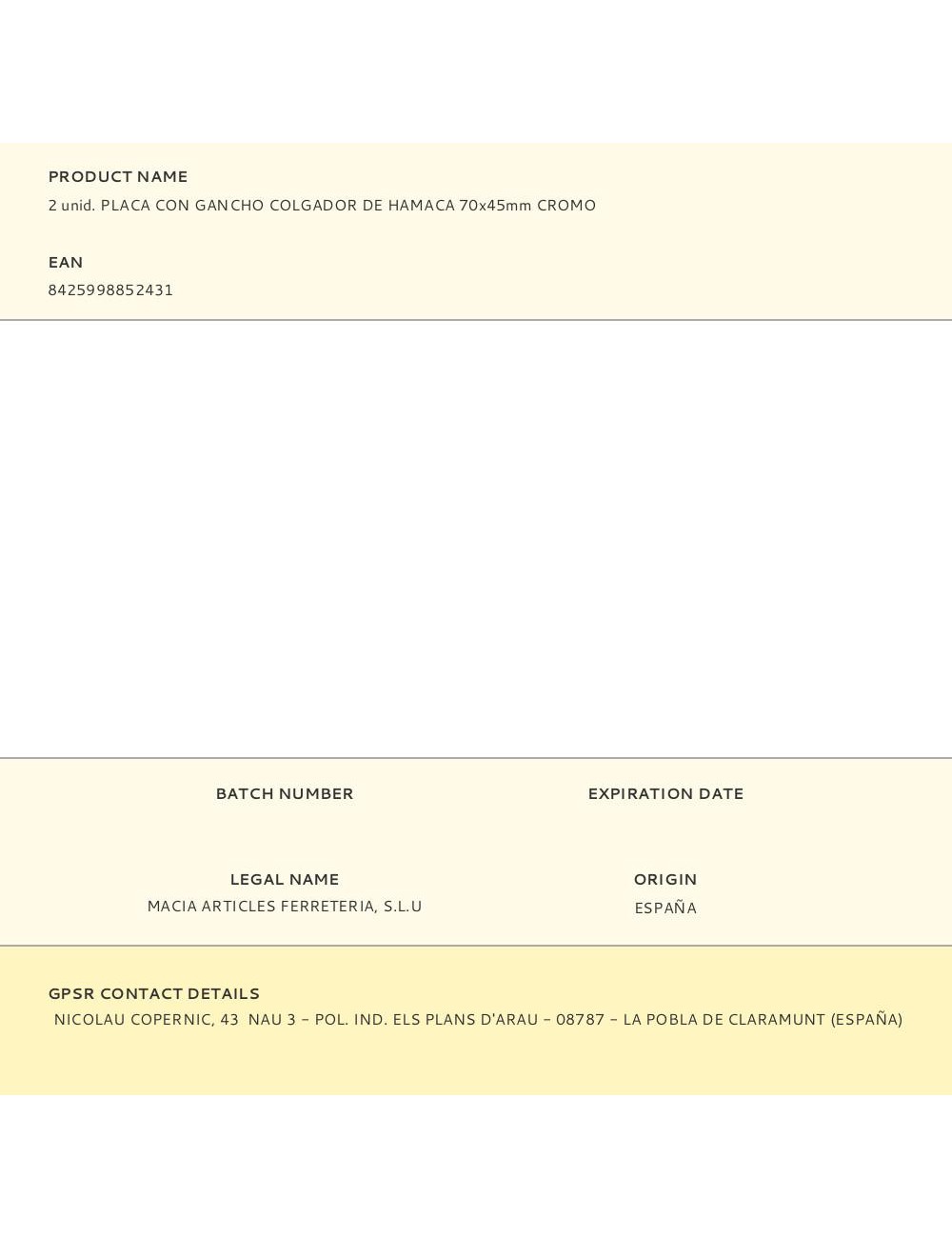 2 unid. placa con gancho colgador de hamaca 70x45mm cromo