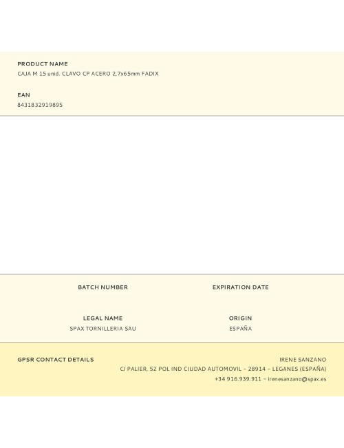 Caja m 15 unid. clavo cp acero 2,7x65mm fadix