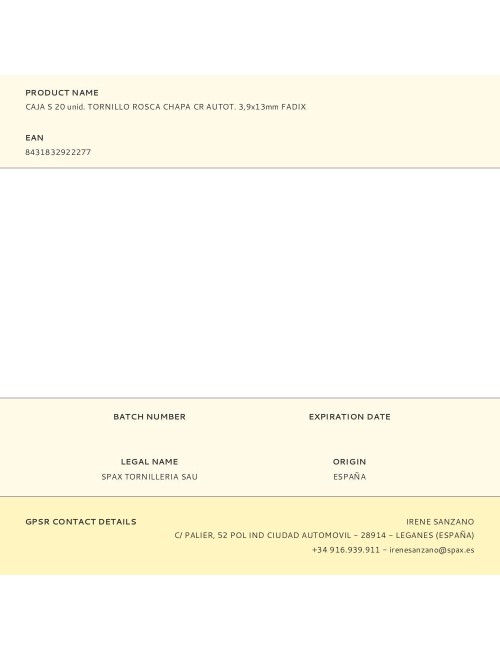 Caja s 20 unid. tornillo rosca chapa cr autot. 3,9x13mm fadix