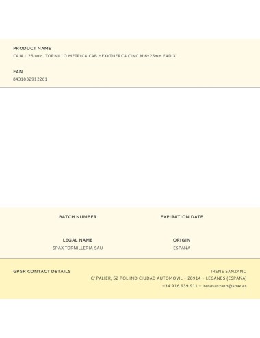 Caja l 25 unid. tornillo metrica cab hex+tuerca cinc m 6x25mm fadix