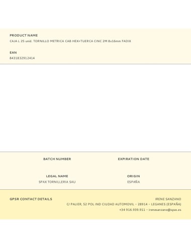 Caja l 25 unid. tornillo metrica cab hex+tuerca cinc 2m 8x16mm fadix