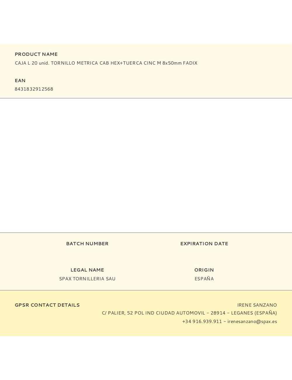 Caja l 20 unid. tornillo metrica cab hex+tuerca cinc m 8x50mm fadix