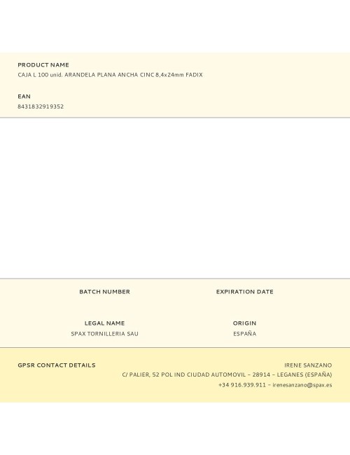 Caja l 100 unid. arandela plana ancha cinc 8,4x24mm fadix