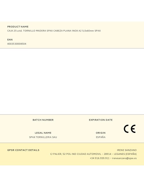Caja 25 unid. tornillo madera spax cabeza plana inox a2 5,0x60mm spax