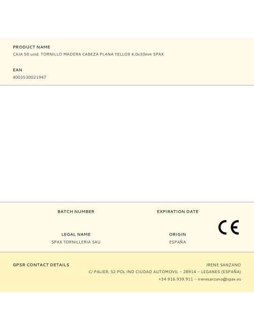 Caja 50 unid. tornillo madera cabeza plana yellox 4,0x30mm spax