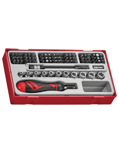 JUEGO DE PUNTAS, VASOS Y PORTAPUNTAS DE CARRACA 84 PCS Juego de puntas y vasos de 1\4" con destornillador y alargadera  TTMDR84