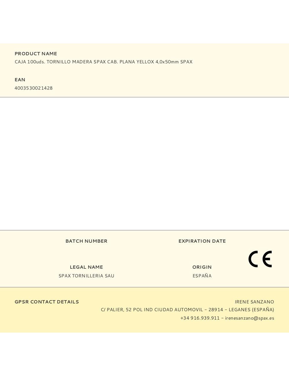 Caja 100uds. tornillo madera spax cab. plana yellox 4,0x50mm spax