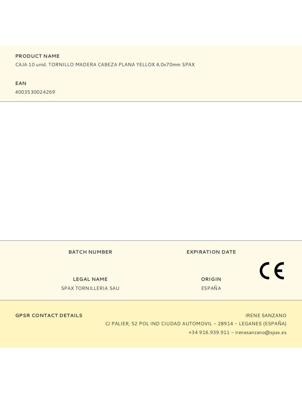 Caja 10 unid. tornillo madera cabeza plana yellox 4,0x70mm spax