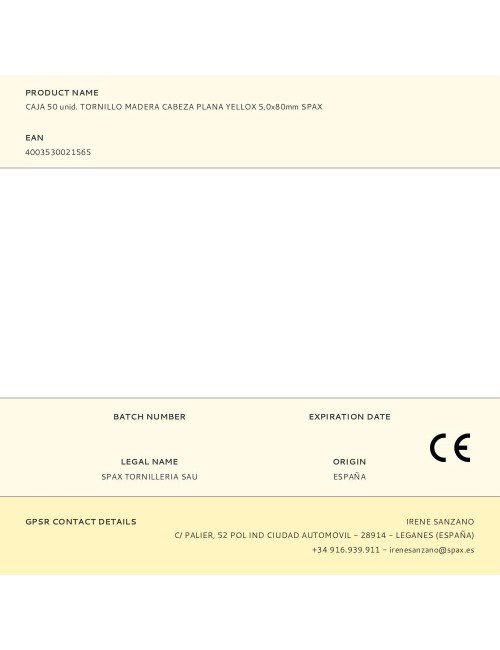 Caja 50 unid. tornillo madera cabeza plana yellox 5,0x80mm spax