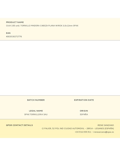 Caja 100 unid. tornillo madera cabeza plana wirox 3,0x12mm spax