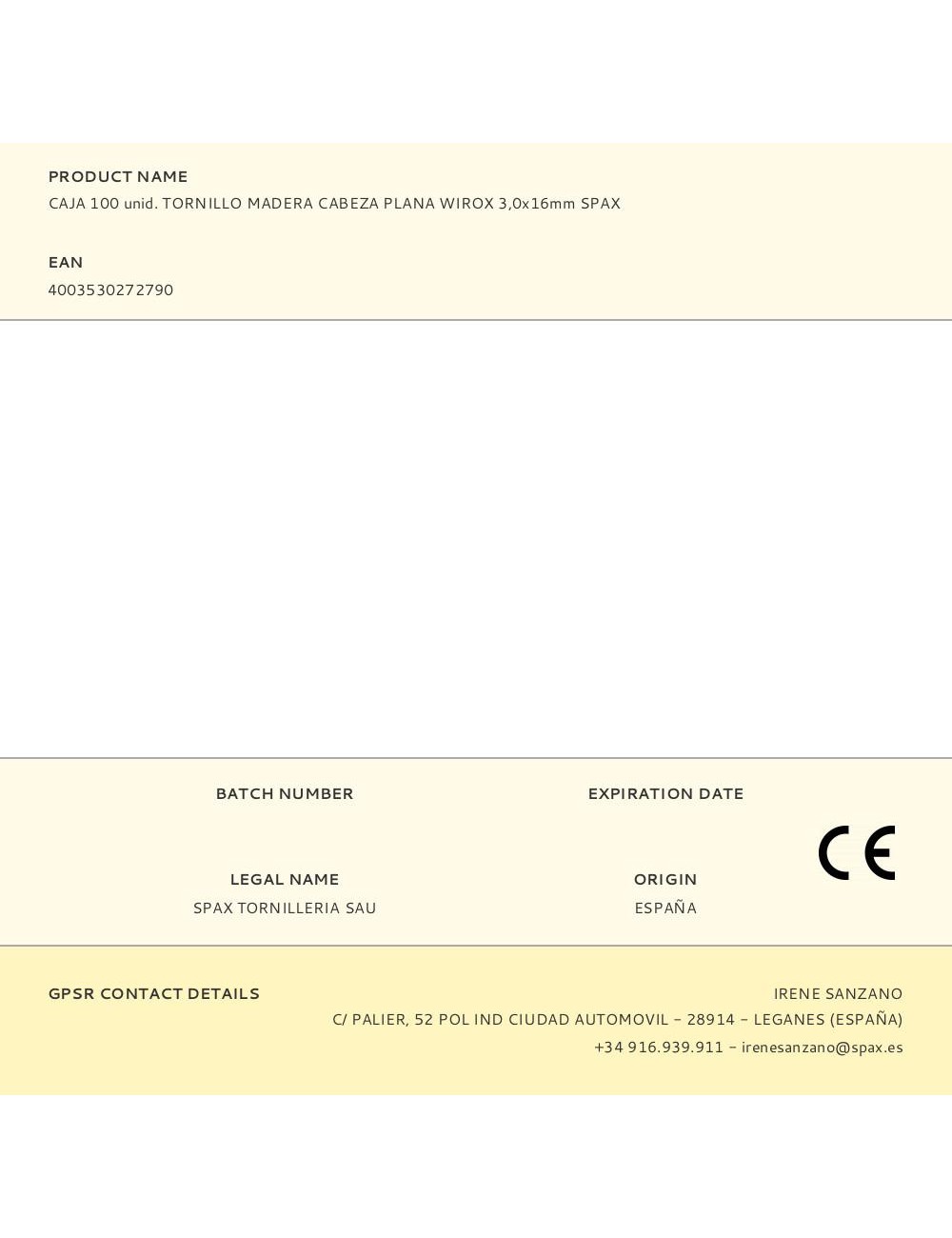 Caja 100 unid. tornillo madera cabeza plana wirox 3,0x16mm spax