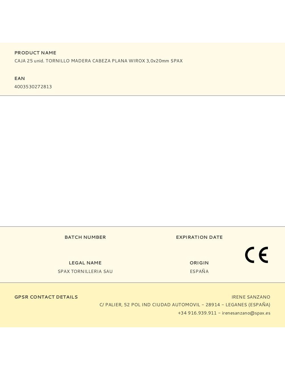 Caja 25 unid. tornillo madera cabeza plana wirox 3,0x20mm spax