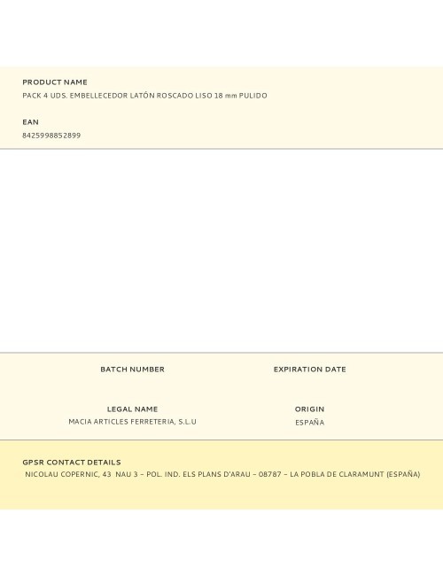 Embellecedor latón roscado liso 18 mm pulido, 4 uds