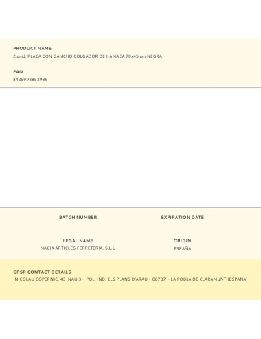 2 unid. placa con gancho colgador de hamaca 70x45mm negra