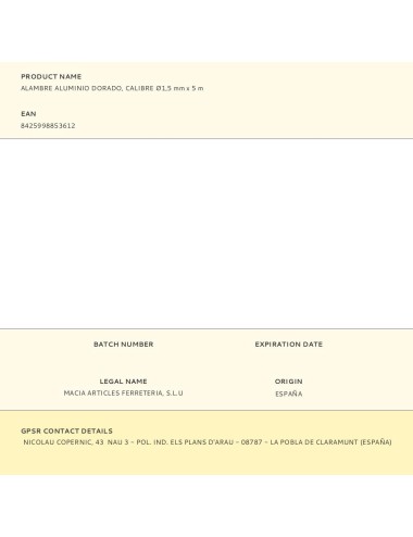 Alambre aluminio dorado, calibre ø1,5 mm x 5 m