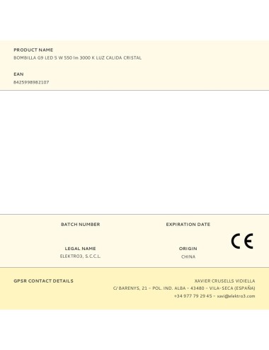 Bombilla g9 led 5 w 550 lm 3000 k luz calida cristal