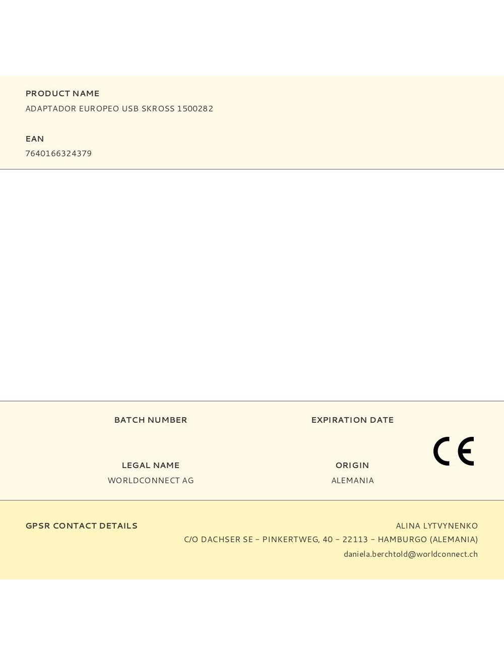 Adaptador europeo usb skross 1500282