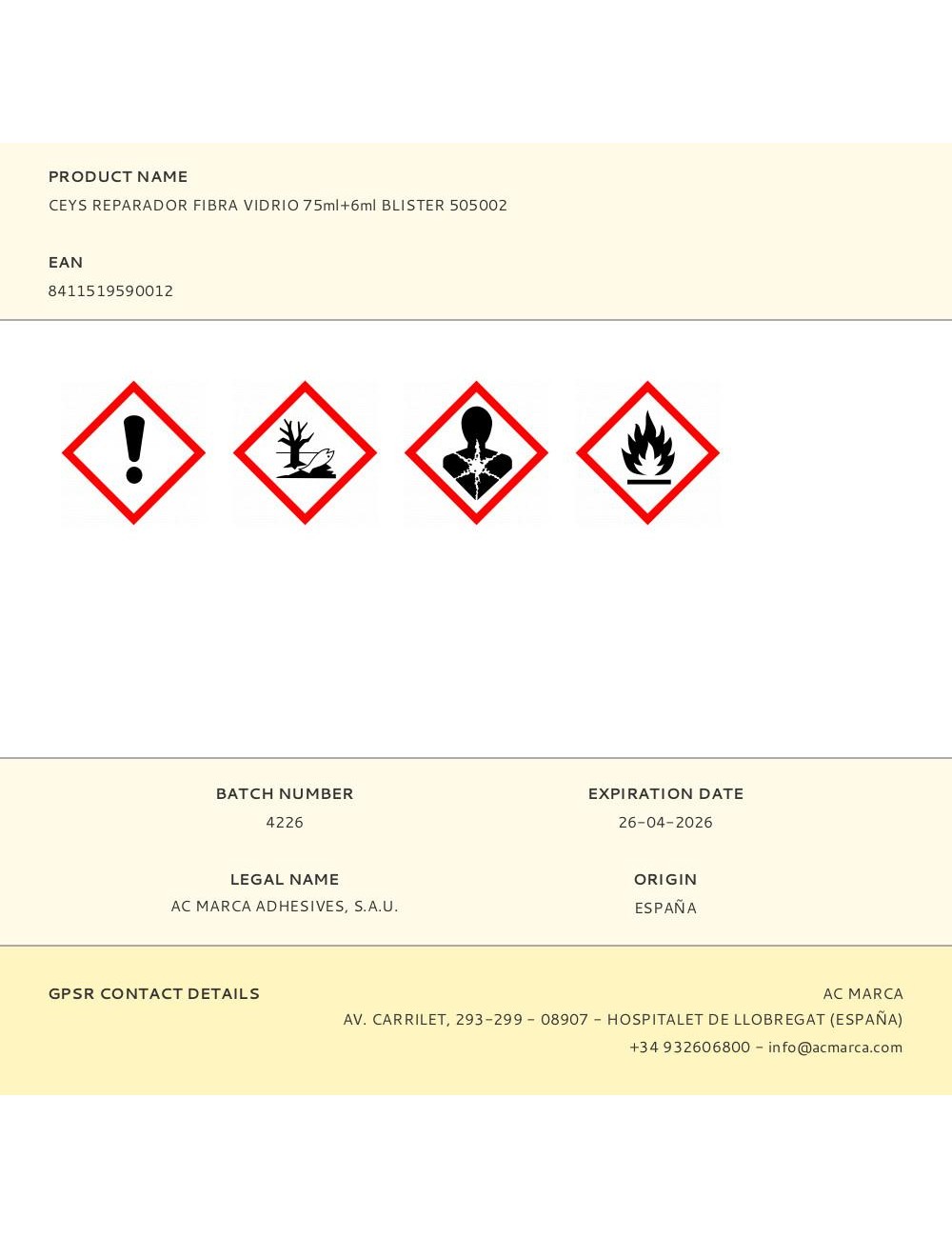 Masilla reparador fibra vidrio 75 ml + 6 ml blister