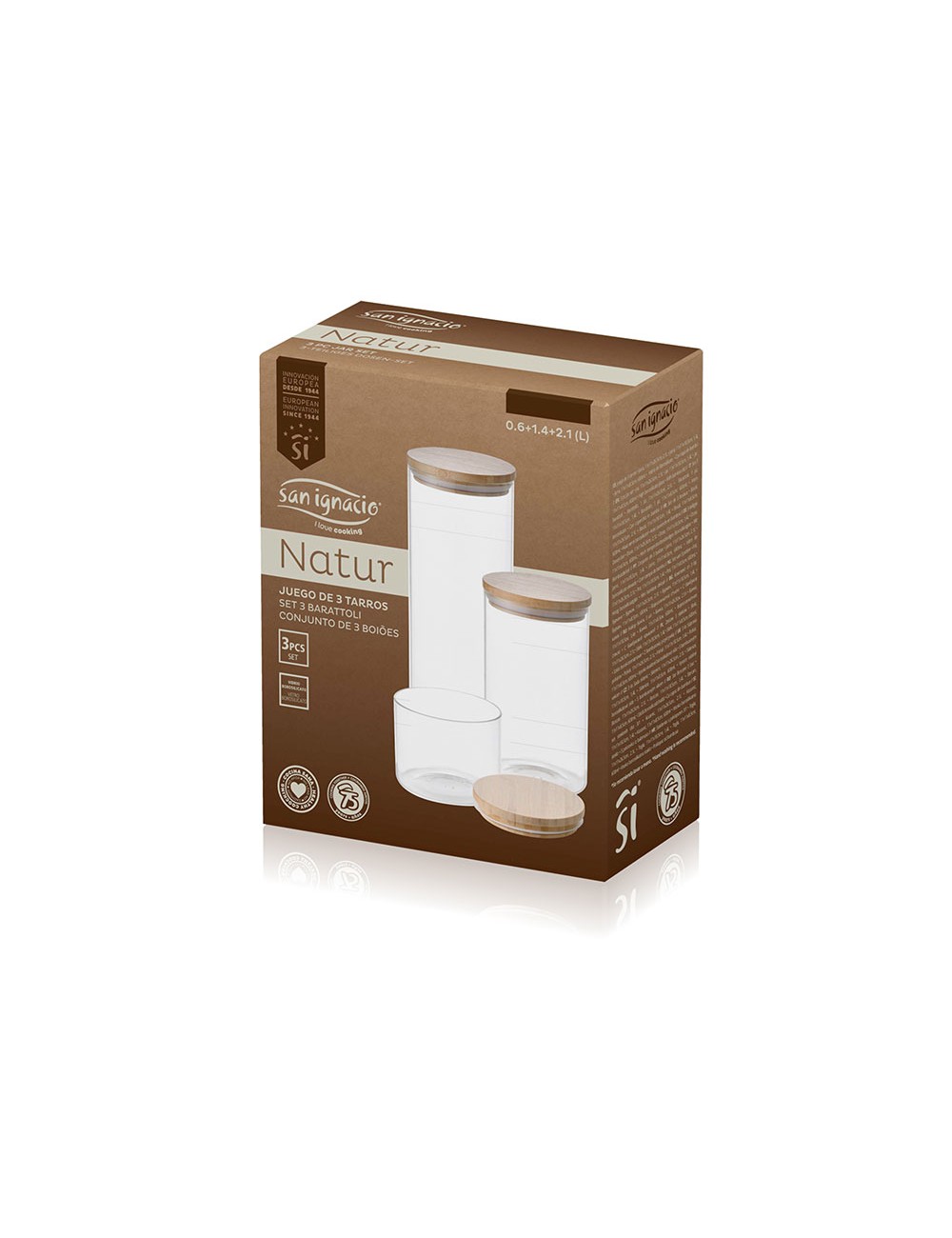 Botes boro natur de vidrio / bambú, 3 uds