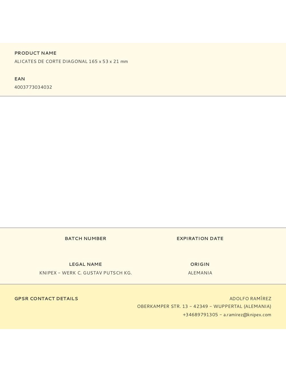 Alicates de corte diagonal 165 x 53 x 21 mm