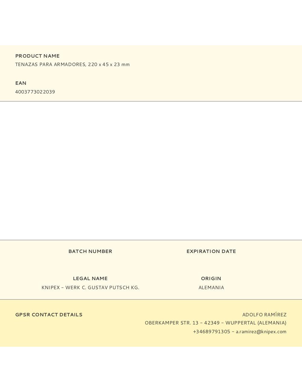 Tenazas para armadores, 220 x 45 x 23 mm