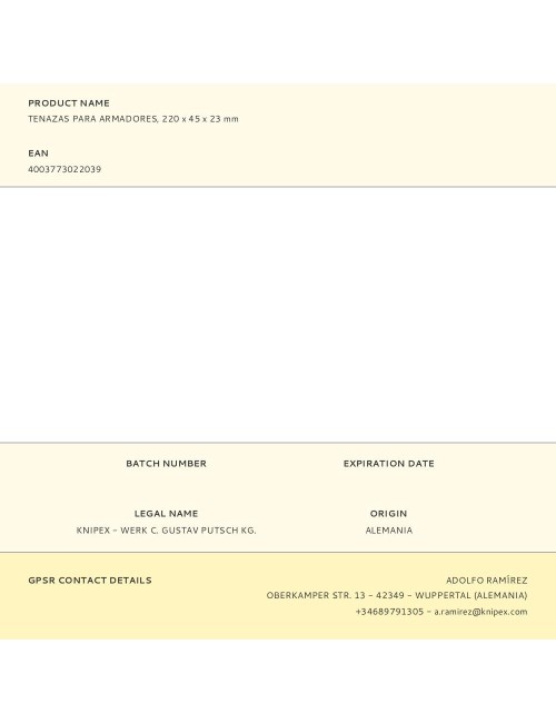 Tenazas para armadores, 220 x 45 x 23 mm