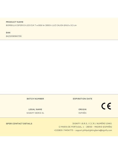 Bombilla esferica led e14 7 w 806 lm 3000 k luz calida ø4,8 x 9,5 cm