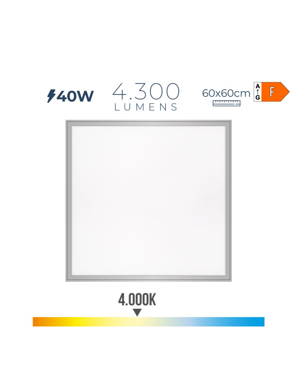 Panel led 40 w 4000 k 4300 lm luz dia 59,5 x 59,5 x 3,5 cm