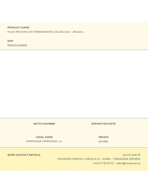 Placa metacrilato transparente colada 3mm - 29x43cm.