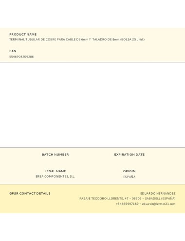 Terminal tubular de cobre para cable de 6 mm y taladro de 8 mm, bolsa 25 uds