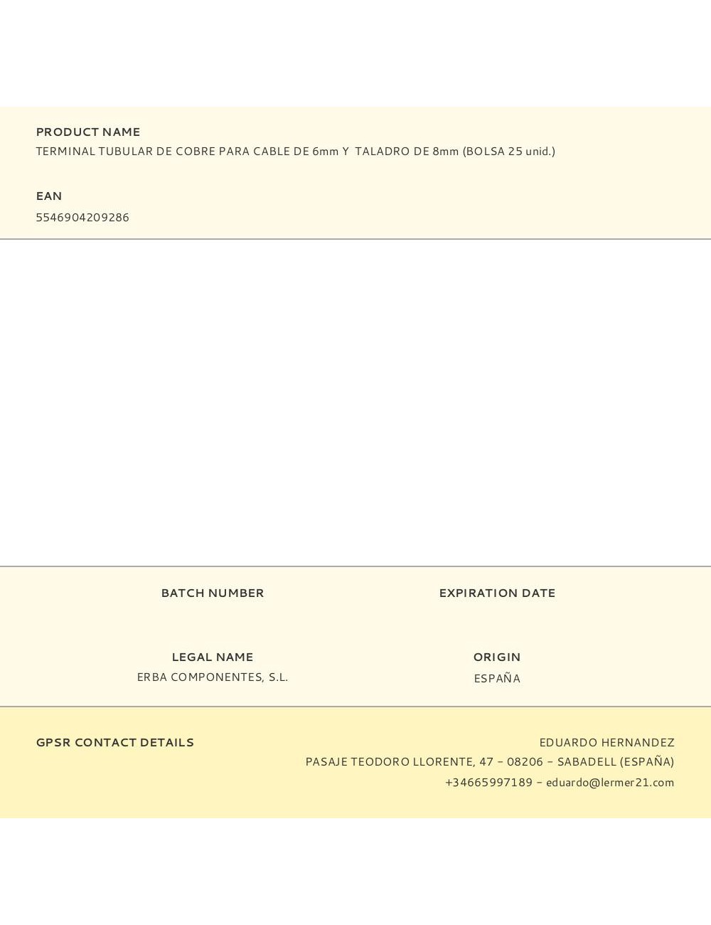 Terminal tubular de cobre para cable de 6 mm y taladro de 8 mm, bolsa 25 uds