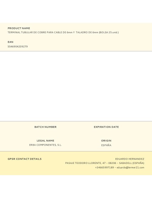 Terminal tubular de cobre para cable de 6 mm y taladro de 6 mm, bolsa 25 uds