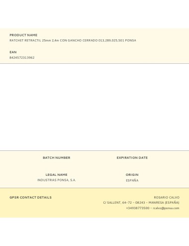 Ratchet retractil 25mm 2,4m con gancho cerrado 013,289,025,501 ponsa