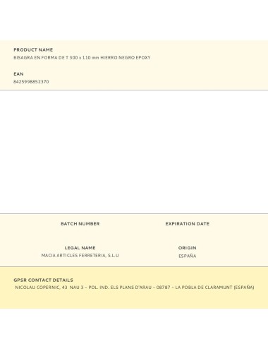 Bisagra en forma de t 300 x 110 mm hierro negro epoxy