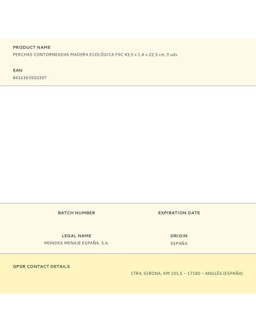 Perchas contorneadas madera ecológica fsc 43,5 x 1,4 x 22,5 cm, 3 uds